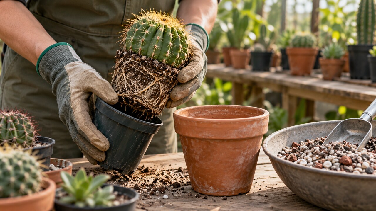 Cactus con raíces firmes listo para cambiar a una maceta mayor
