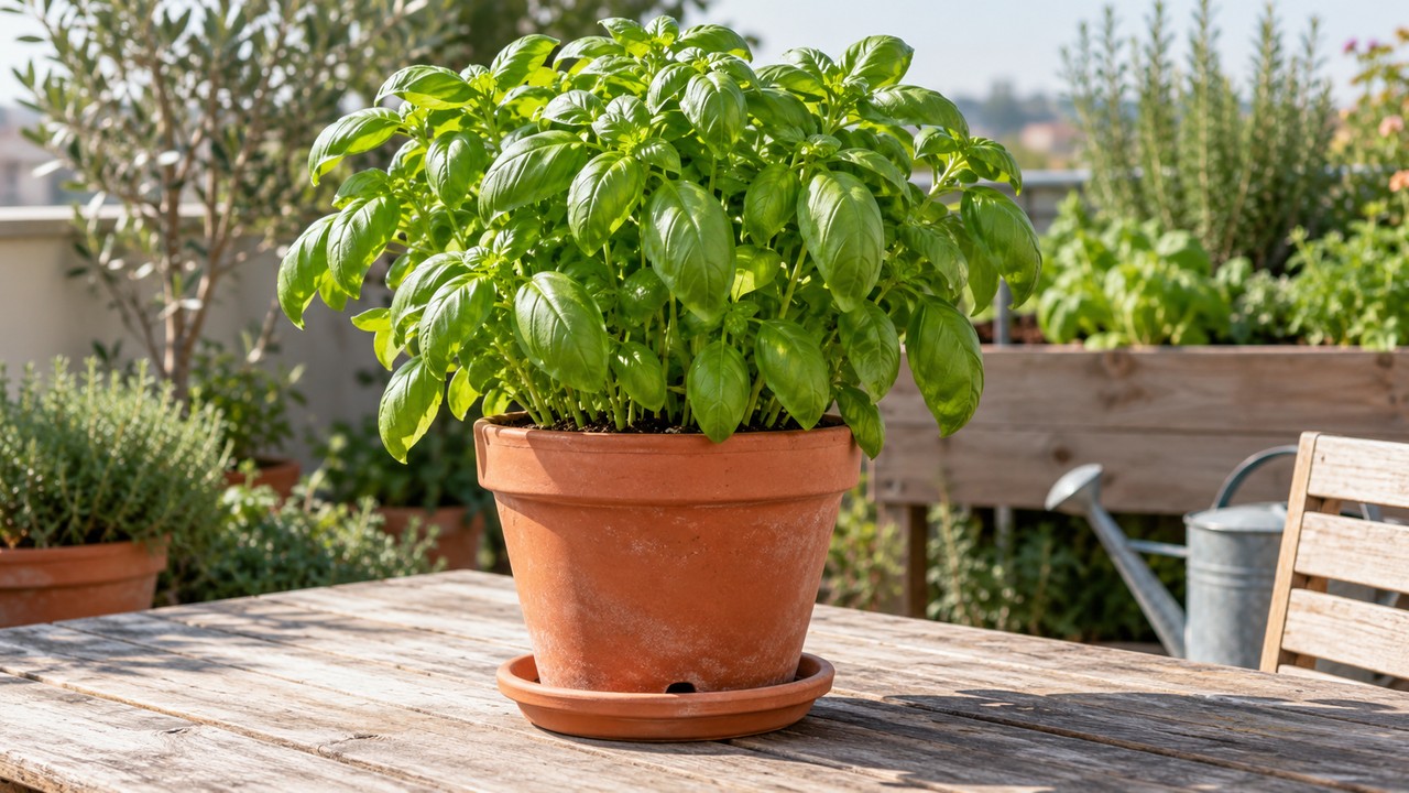 Albahaca frondosa cultivada en una maceta de terracota proporcionada y drenante