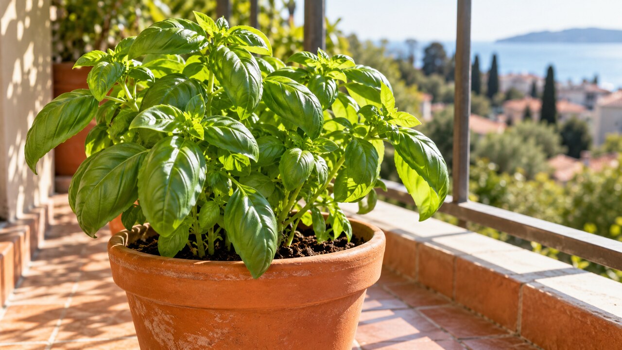 Albahaca vigorosa cultivada en una maceta con sol directo