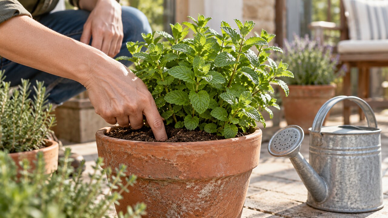 Comprobación de la humedad del sustrato de una planta de menta