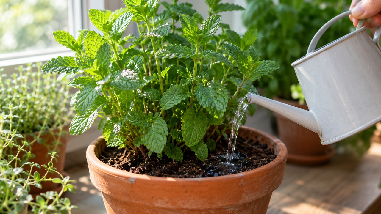 Riego lento de una planta de menta directamente sobre el sustrato