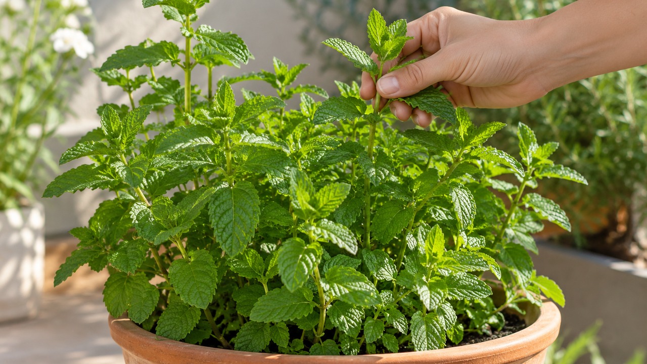 Mano seleccionando los tallos tiernos de una planta de menta para una cosecha rutinaria