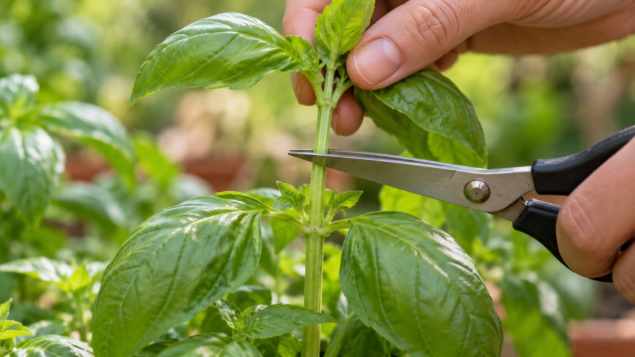 Poda de un tallo de albahaca justo por encima de un nudo con hojas