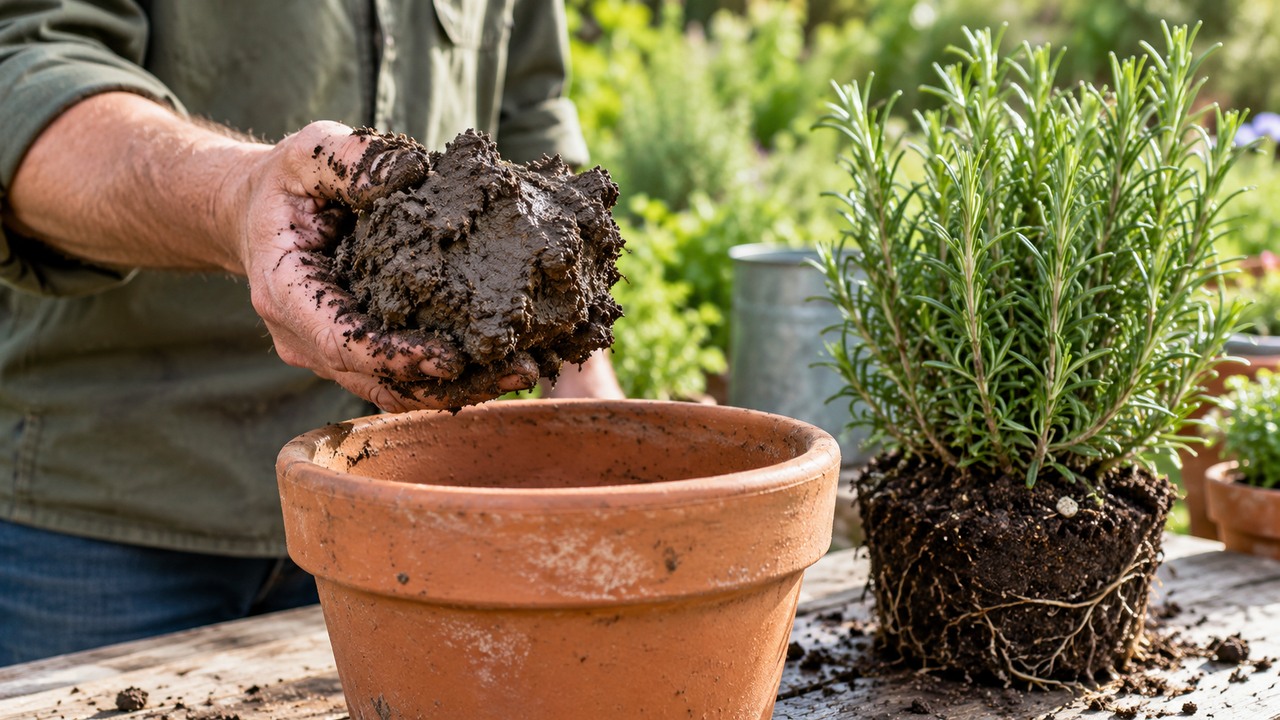 Tierra de jardín húmeda y compacta comparada con una planta aromática en maceta