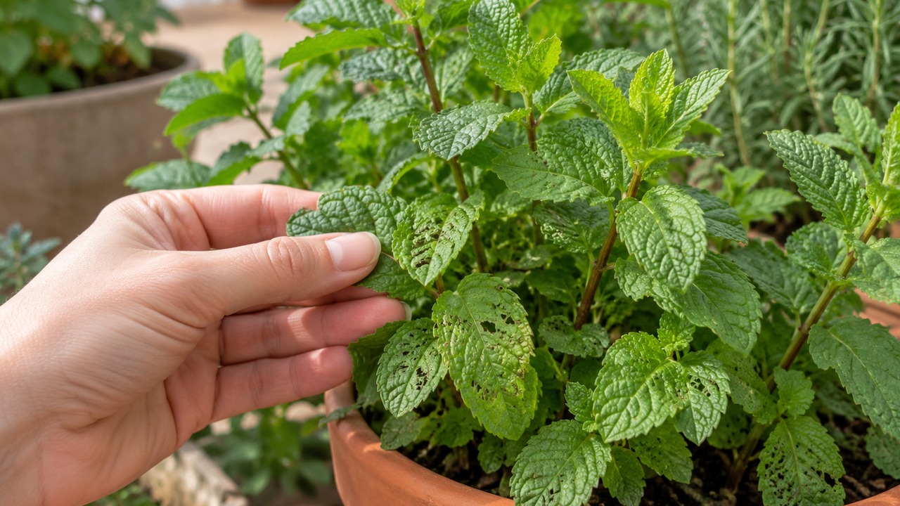 Mano inspeccionando hojas de menta con daños antiguos y brotes nuevos sanos