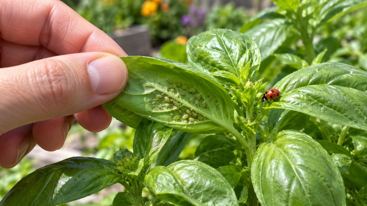 Pulgones verdes y una mariquita sobre una hoja de albahaca