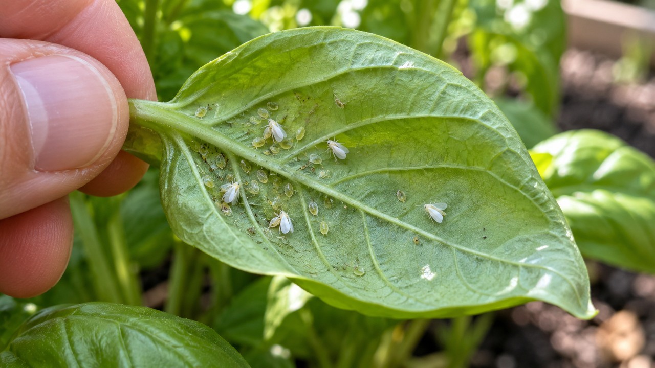 Moscas blancas adultas y ninfas observadas en el envés de una hoja de albahaca