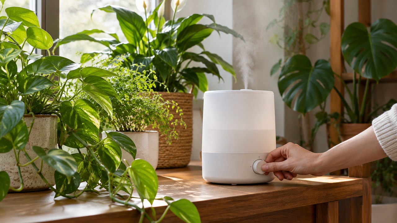 Ajuste gradual de un humidificador junto a plantas de interior