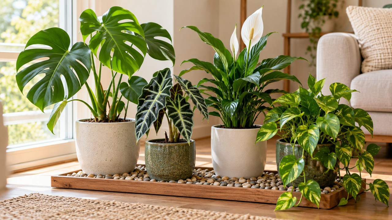 Plantas tropicales agrupadas con espacio entre hojas para mantener la ventilación