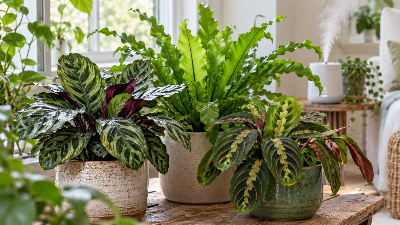 Calathea, helecho y maranta agrupados en un ambiente húmedo y ventilado