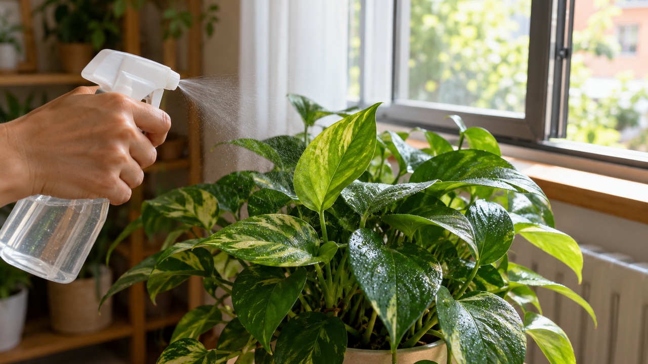 Pulverización ligera de las hojas de una planta junto a una ventana abierta