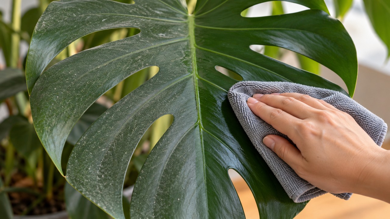 Limpieza suave del polvo de una hoja de monstera con un paño húmedo