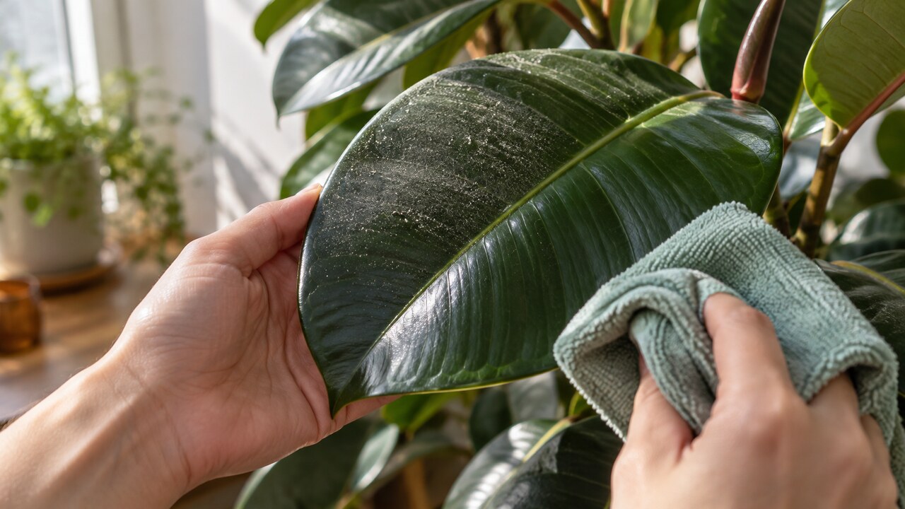 Polvo acumulado en una hoja de ficus antes de limpiarla