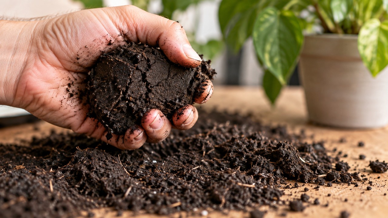 Mano apretando una mezcla fina y compacta para plantas de interior