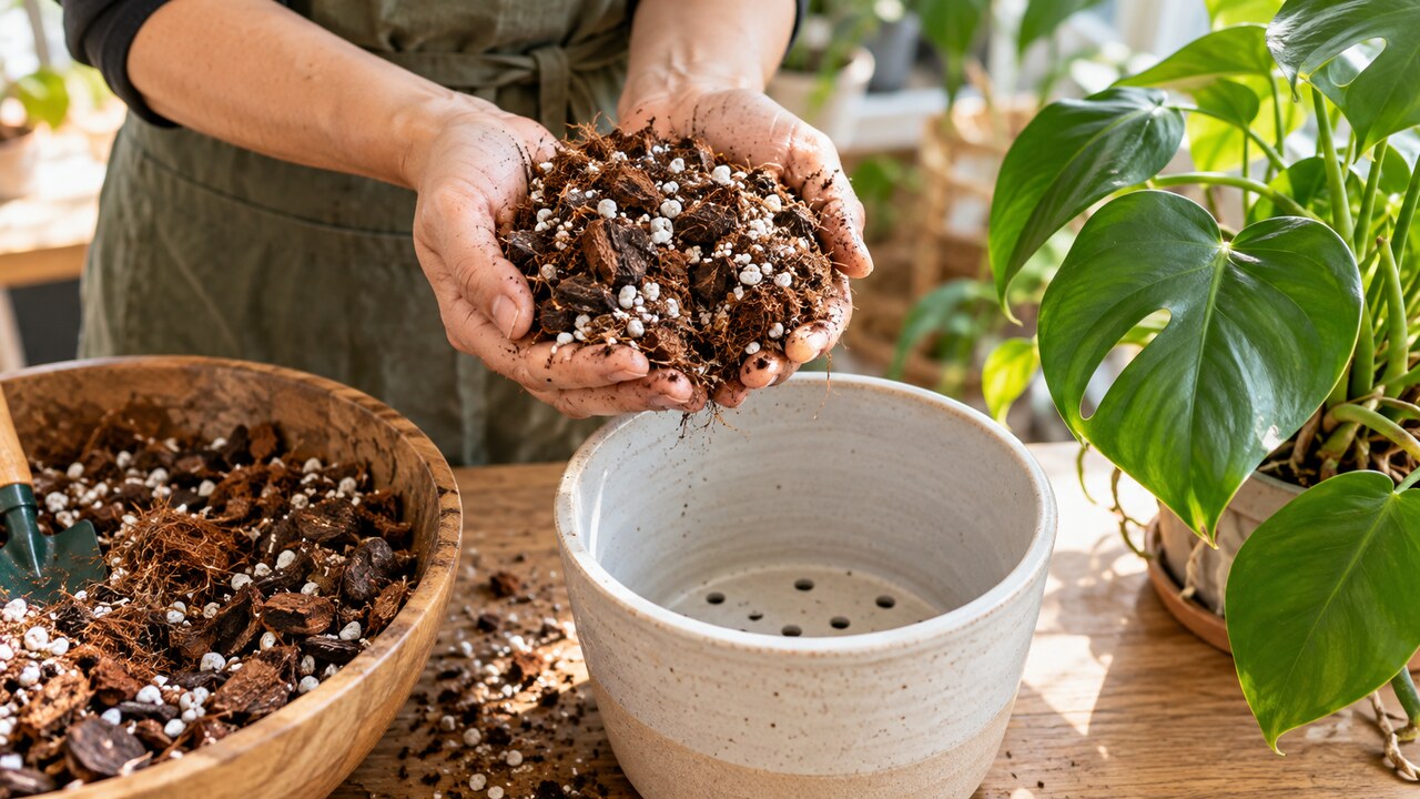 Mezcla aireada con fibra de coco, perlita y corteza para plantas de interior