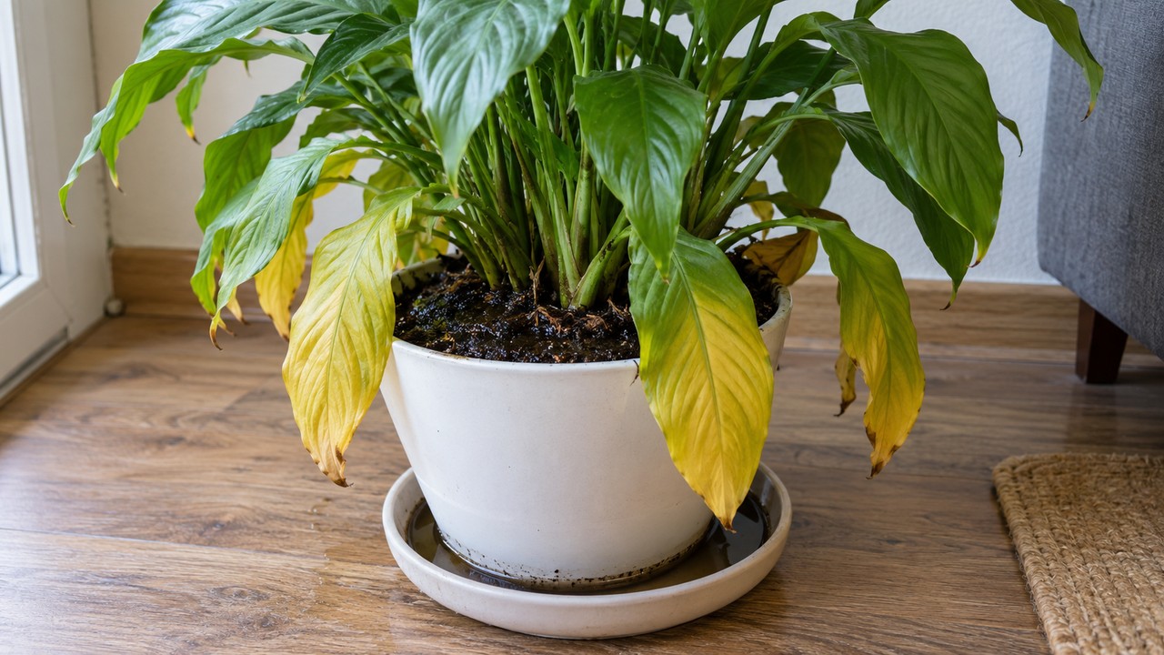 Planta de interior con hojas inferiores amarillas y agua acumulada en el plato