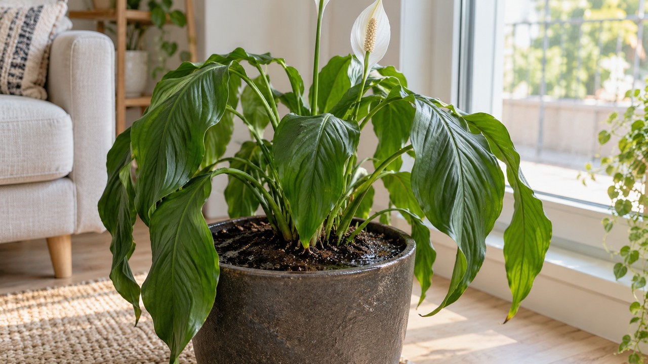 Planta de interior con hojas caídas y sustrato visiblemente húmedo