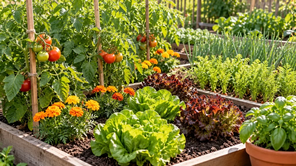 Asociación de tomates, lechugas, cebollas, caléndulas y albahaca en bancales de un huerto pequeño