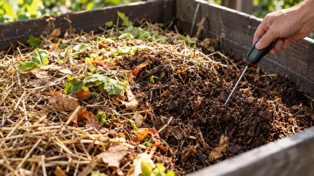 Compostera doméstica con materiales vegetales y sonda para controlar la temperatura del compost