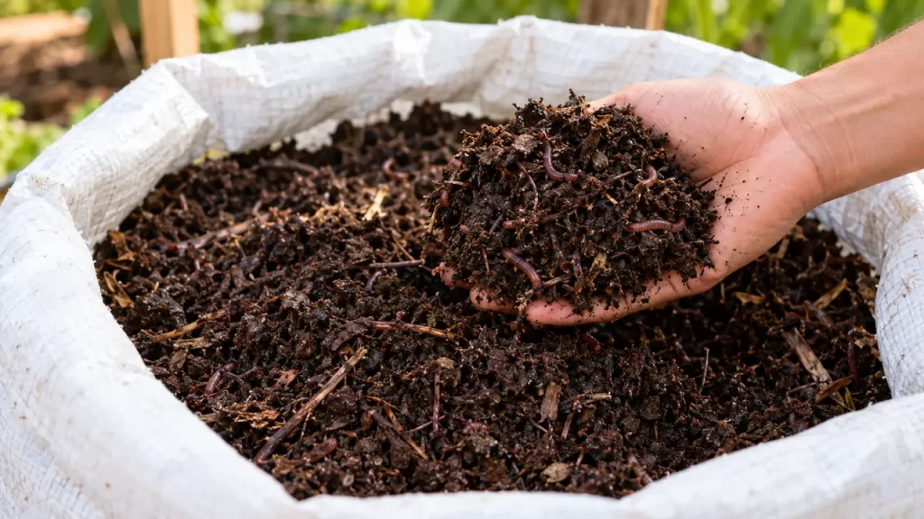 Mano mostrando materia orgánica transformada por lombrices rojas en una vermicompostera doméstica