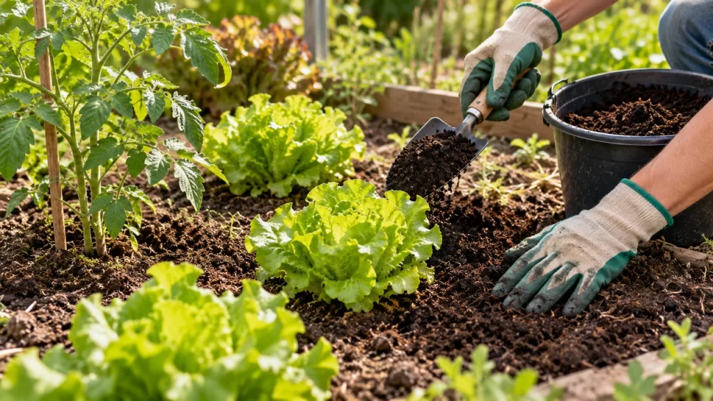Jardinero aplicando compost maduro junto a lechugas y tomateras en un huerto soleado