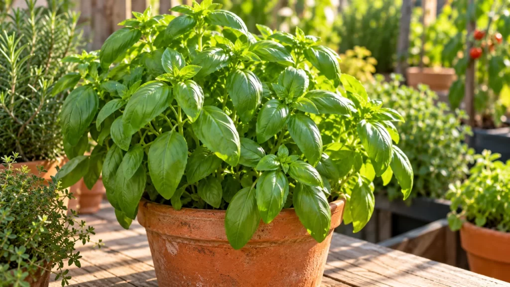 Albahaca de hojas verdes frescas y brillantes cultivada en maceta de terracota en un huerto doméstico