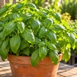 Albahaca de hojas verdes frescas y brillantes cultivada en maceta de terracota en un huerto doméstico