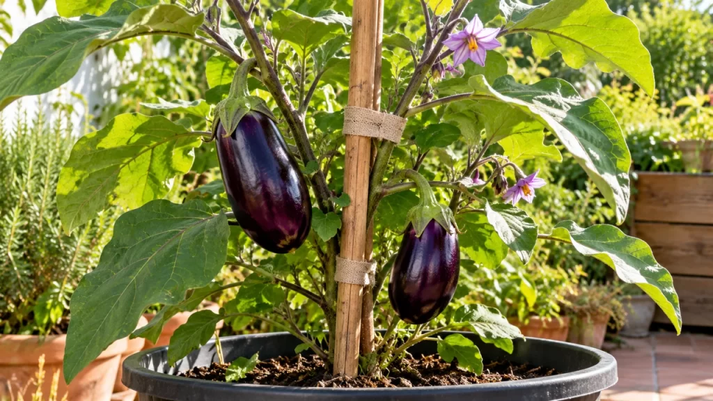 Planta de berenjena en maceta con tutor de madera, amarres de tela y dos frutos morados en desarrollo