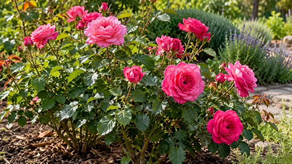 Rosal frondoso con rosas rosadas abiertas y capullos creciendo a pleno sol en un jardín con acolchado
