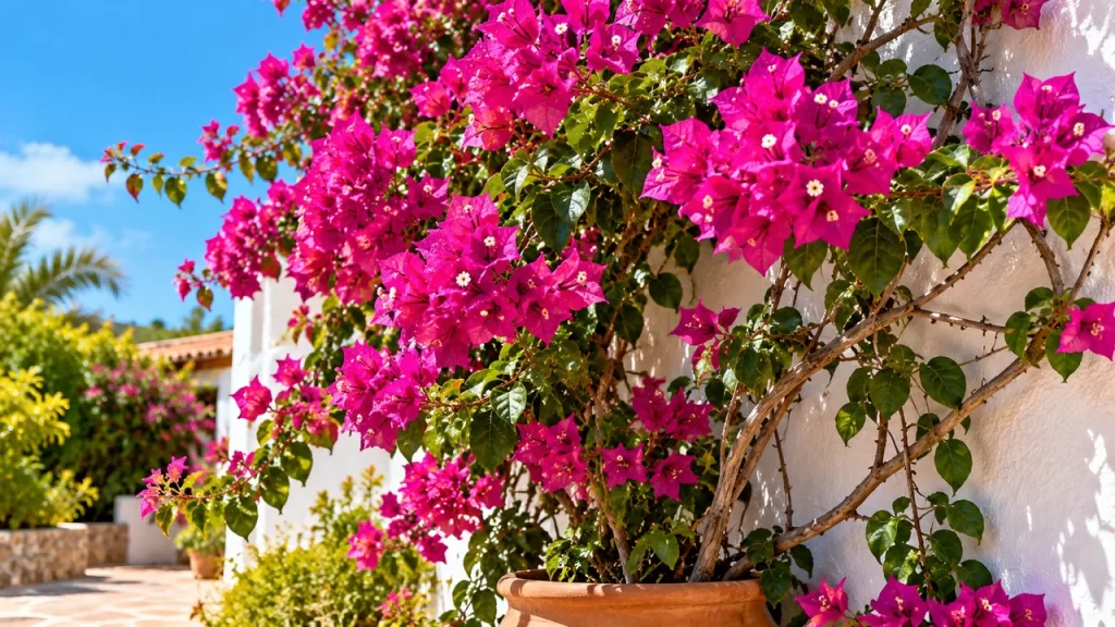 Buganvilla trepadora con abundantes brácteas magenta y flores blancas junto a una pared soleada, en maceta de terracota