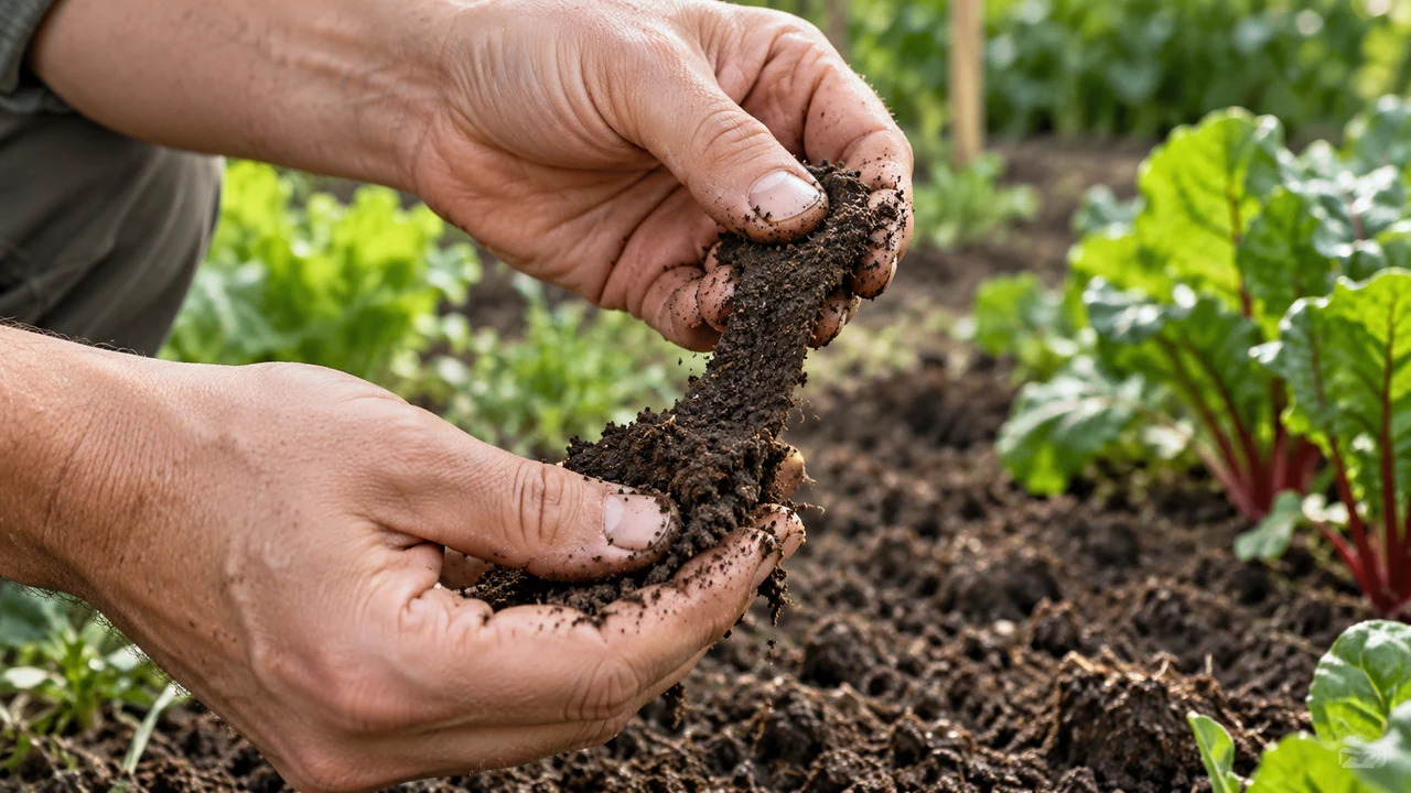 Prueba manual de textura con una muestra húmeda de suelo del jardín