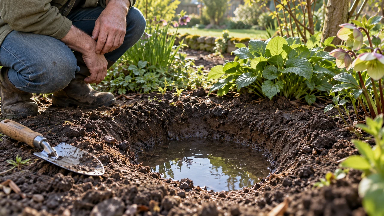 Prueba de drenaje con agua en un hoyo poco profundo del jardín