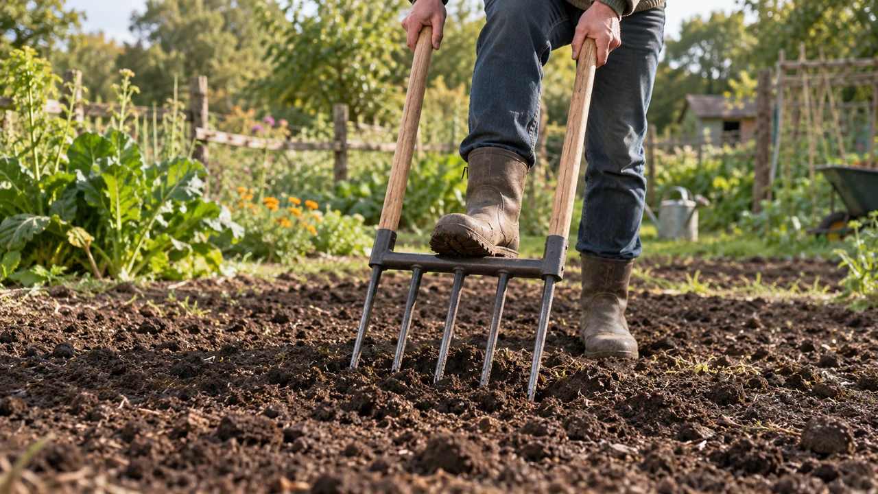 Jardinero aflojando suelo compactado con una horca de doble mango