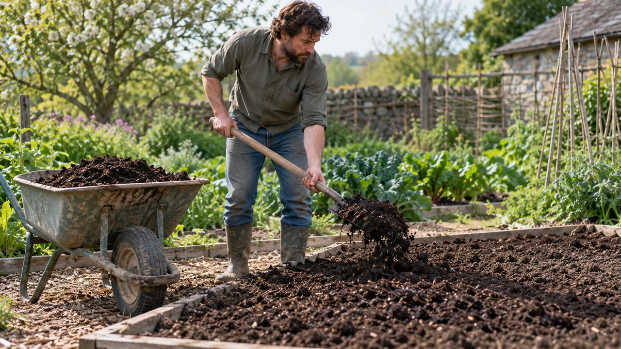 Compost maduro extendido con pala sobre un bancal antes de plantar