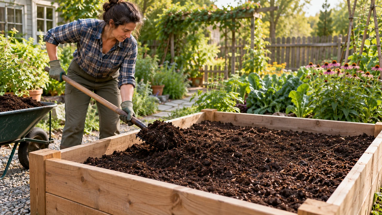 Cama elevada llenada con una mezcla suelta de tierra y compost