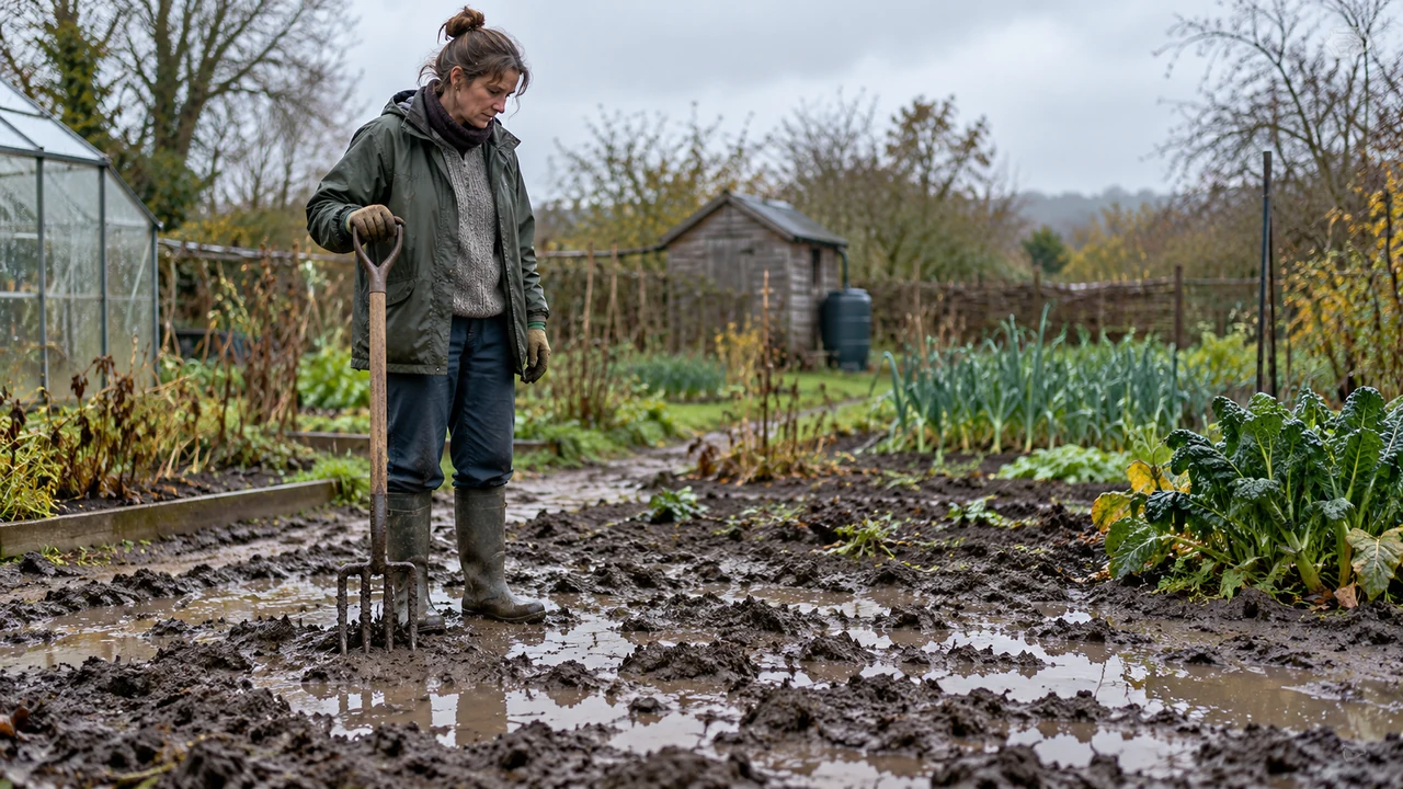 Jardinera evitando trabajar un terreno encharcado después de la lluvia