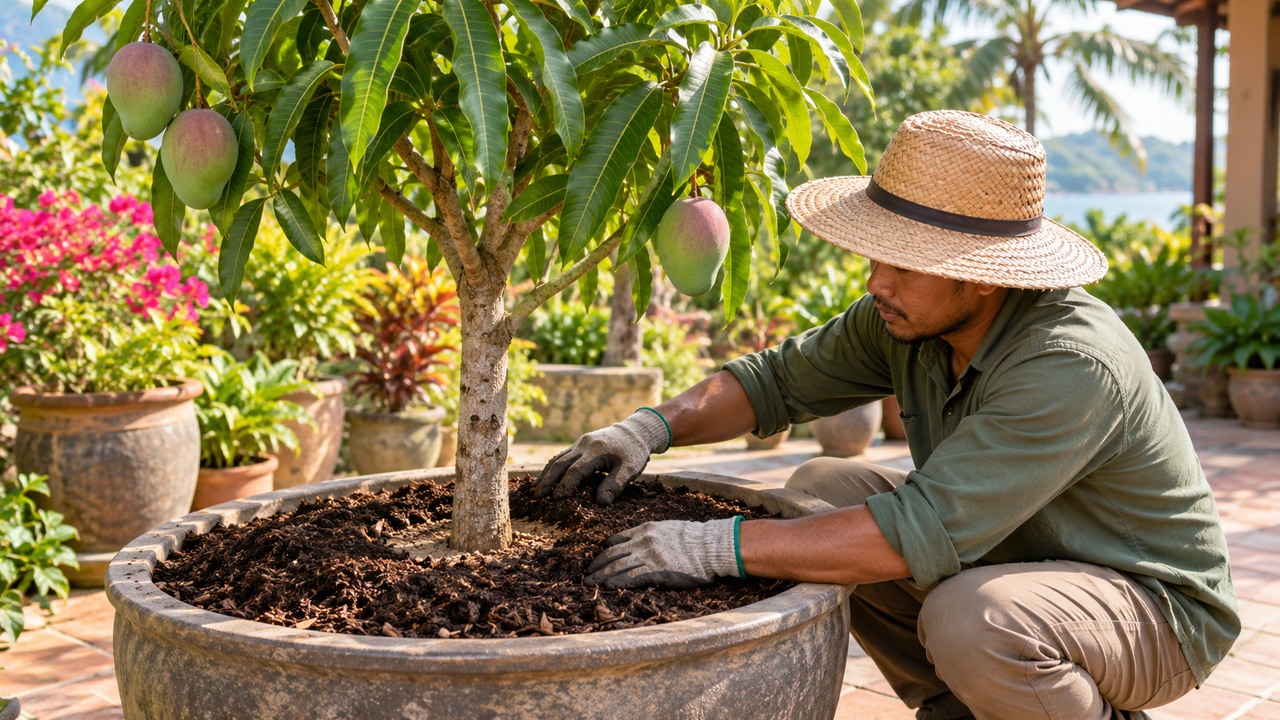 Aplicación moderada de compost alrededor de un mango cultivado en maceta