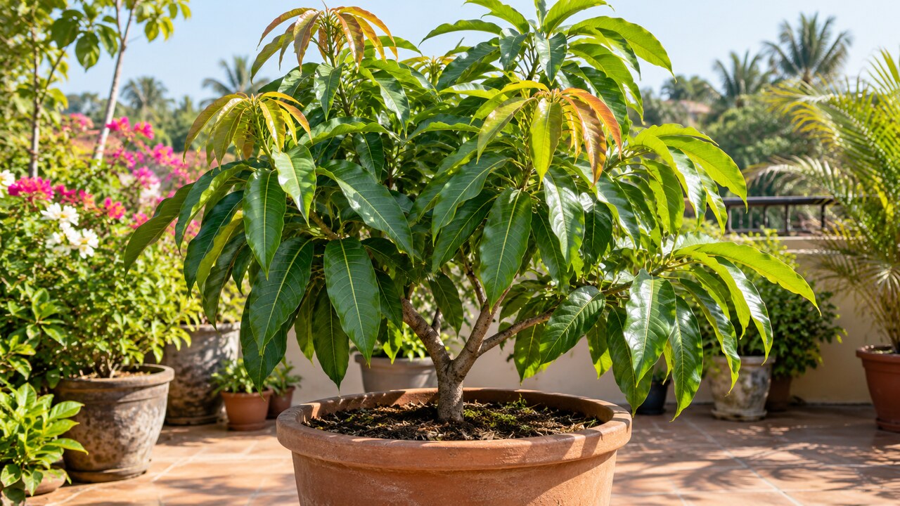 Mango joven de porte compacto cultivado en una maceta amplia