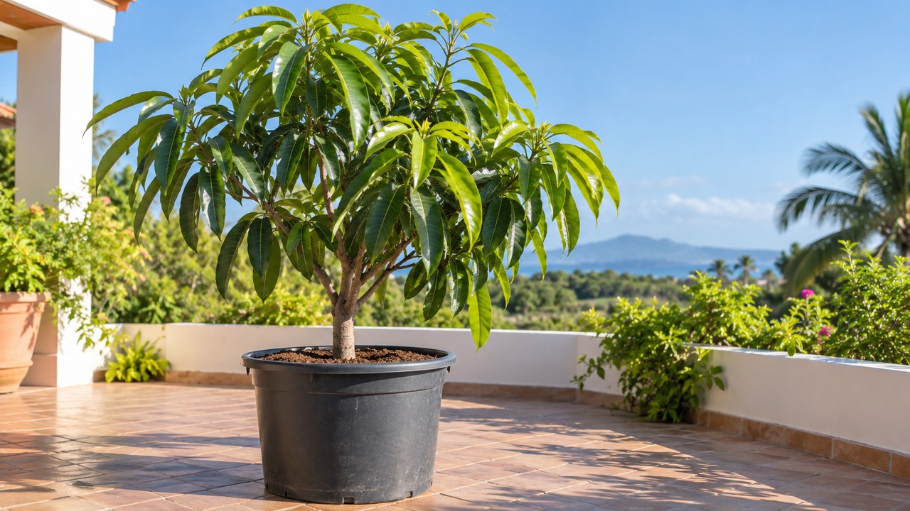 Mango joven cultivado en una maceta amplia sobre una terraza soleada