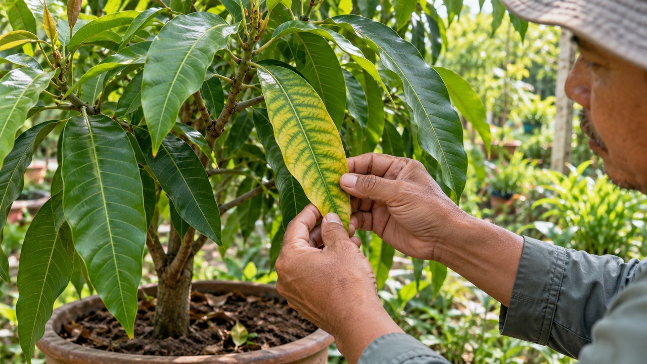 Hoja de mango con amarilleo entre las nervaduras durante una revisión