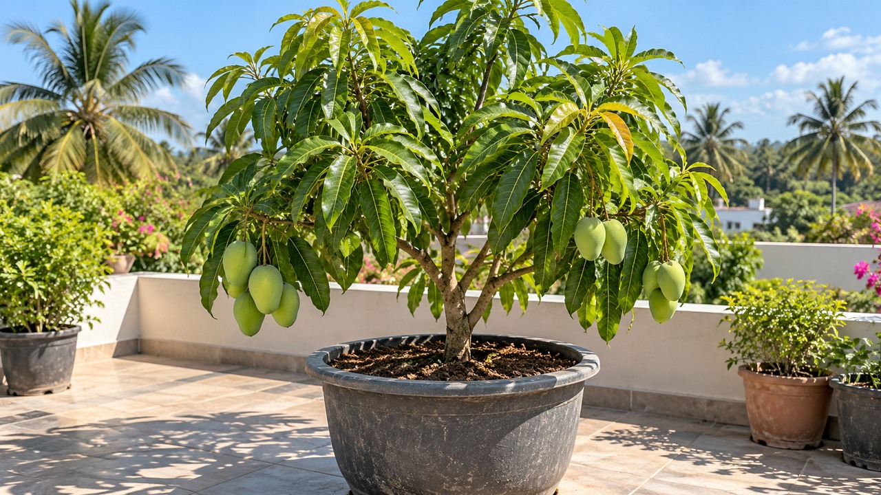 Mango compacto cultivado en una maceta amplia a pleno sol