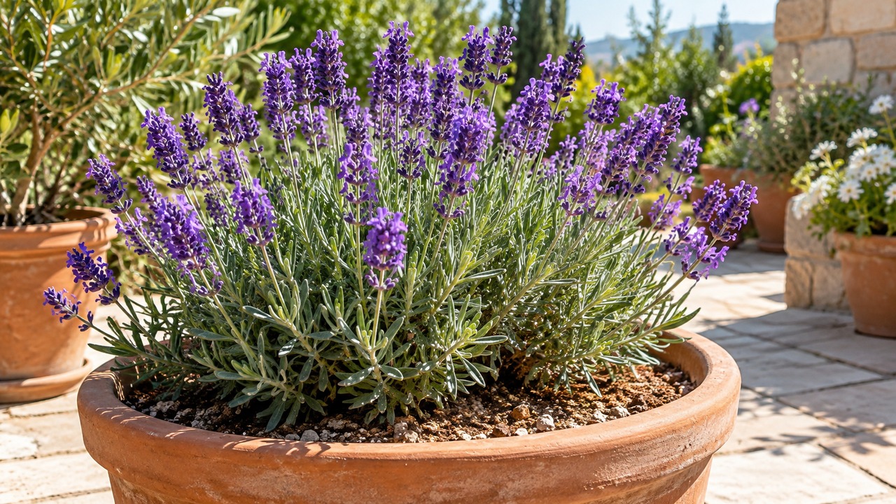Lavanda en flor cultivada en una maceta de terracota