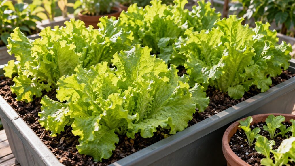Lechugas verdes creciendo en una jardinera junto a plántulas jóvenes