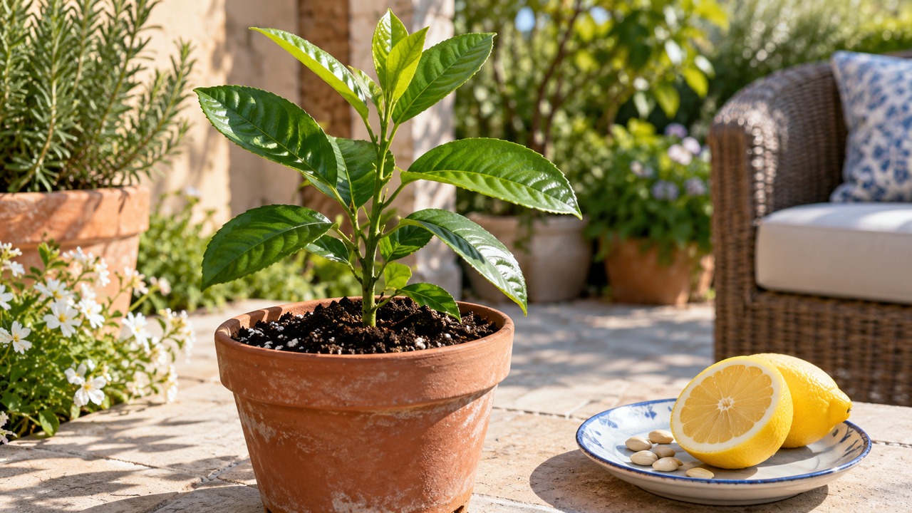 Plántula de limonero en maceta junto a un limón y semillas