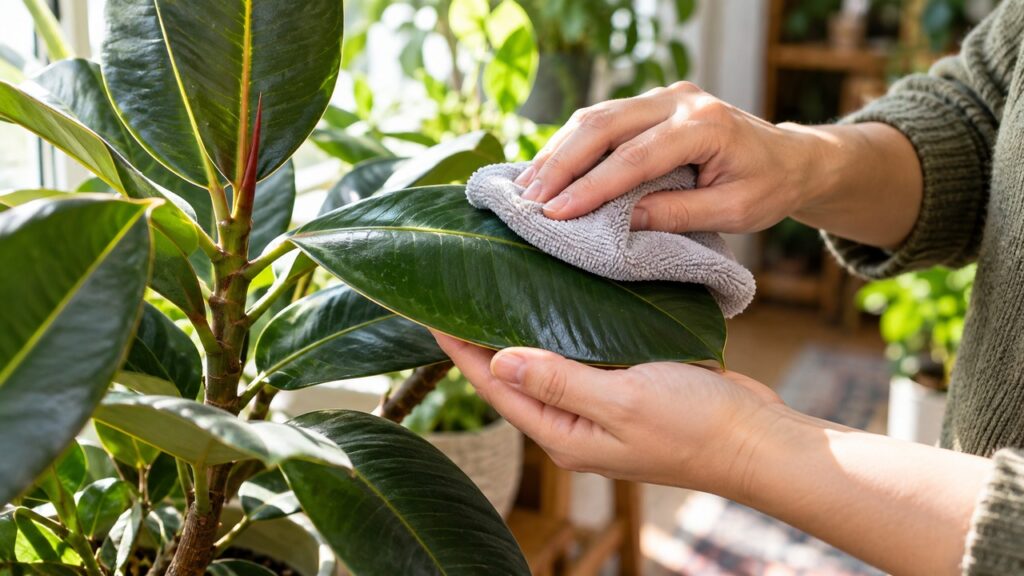 Limpieza suave de una hoja de ficus con un paño húmedo