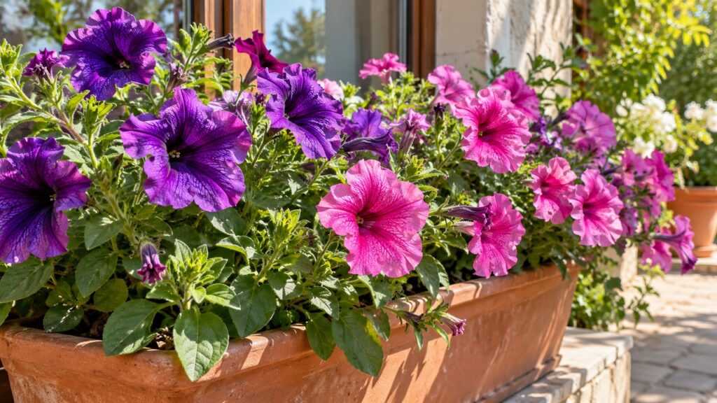 Petunias rosadas y moradas en una jardinera