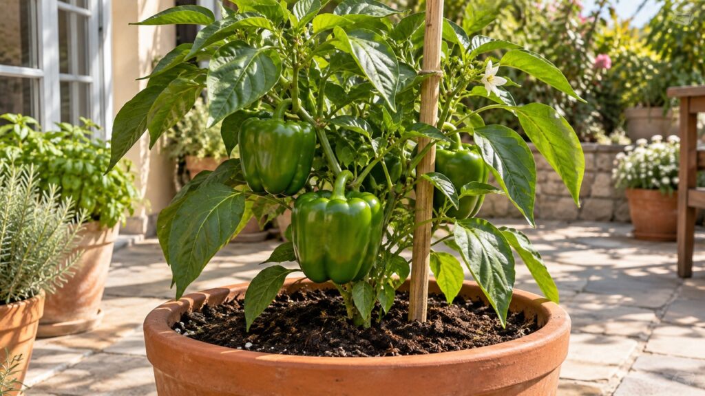 Pimientos verdes creciendo en una maceta amplia