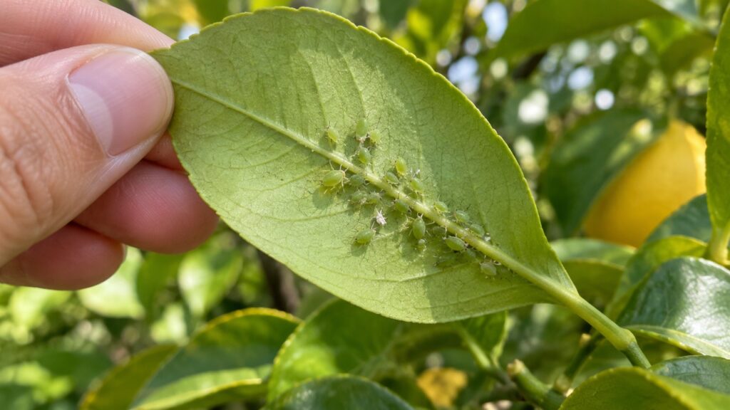 Inspección de pulgones en el envés de una hoja de limonero