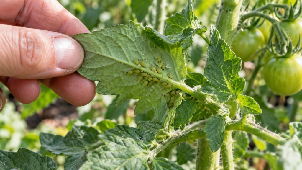 Inspección de pulgones en el envés de una hoja de tomate