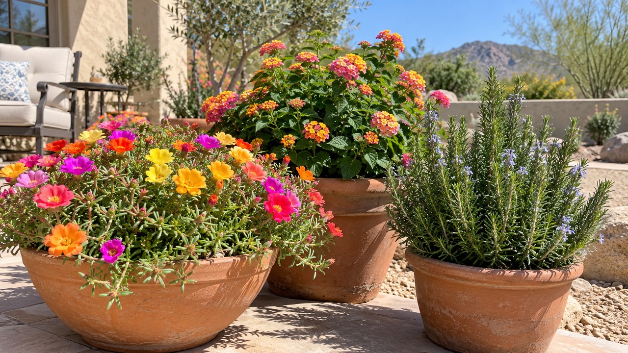 Plantas resistentes al sol en macetas de un patio luminoso